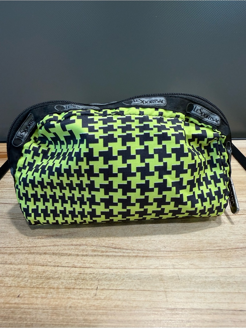 LeSportsac Neon Houndstooth Cosmetic Bag  Travel Organizer Green Black